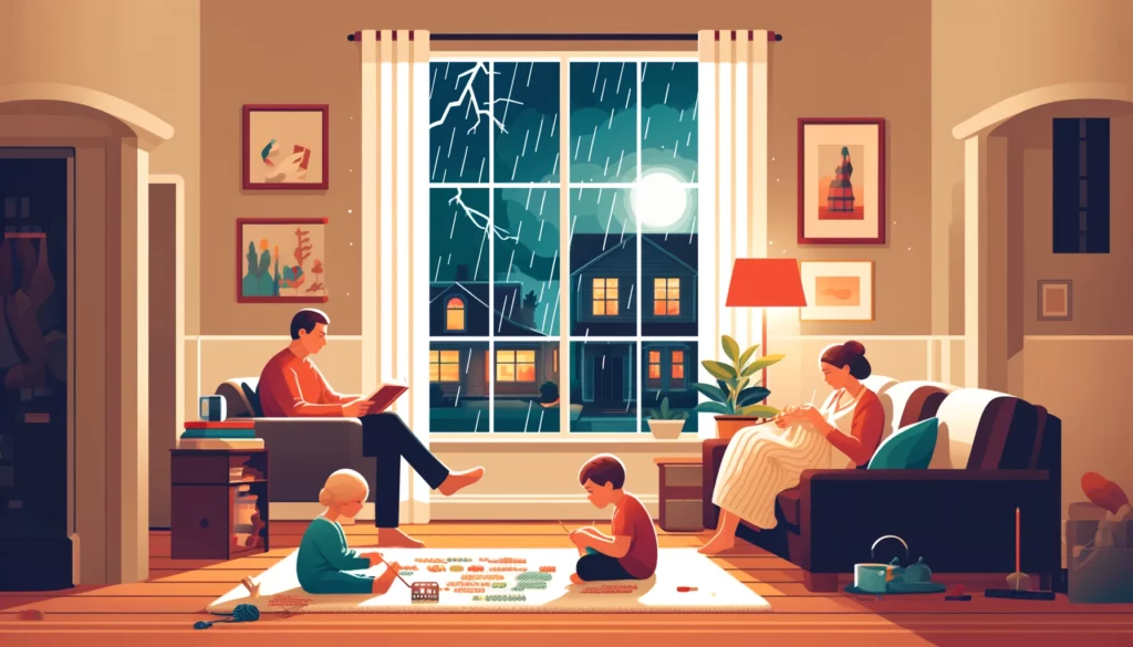 cozy evening in a Western Illinois home during a spring storm. The scene features family safely inside