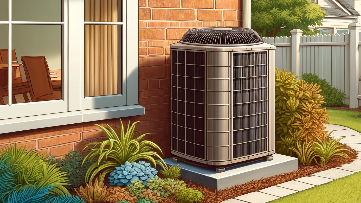 Illustration of a homeowner performing AC maintenance for Western Illinois, showing detailed work on an outdoor air conditioning unit next to a suburban house